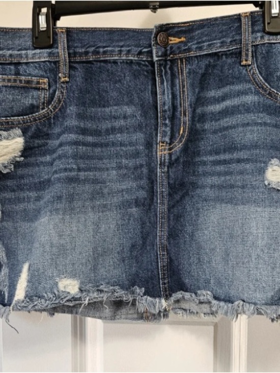None Dresses & Skirts - Distressed Dark Blue Denim Mini Skirt - Casual Everyday Style